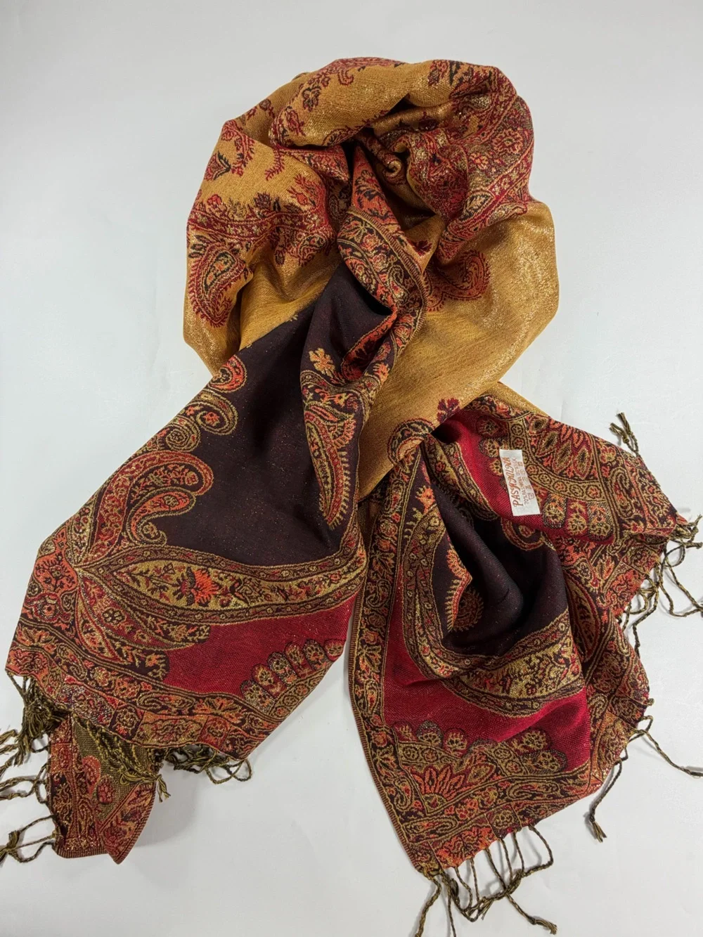 Pashmina 70% Pashmina 30% Silk Paisley Fringe Wrap Shawl Burgundy Gold 68